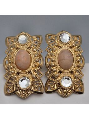 Vintage Gold-Tone Clip-On Earrings Faux Oval Pearls & Crystals